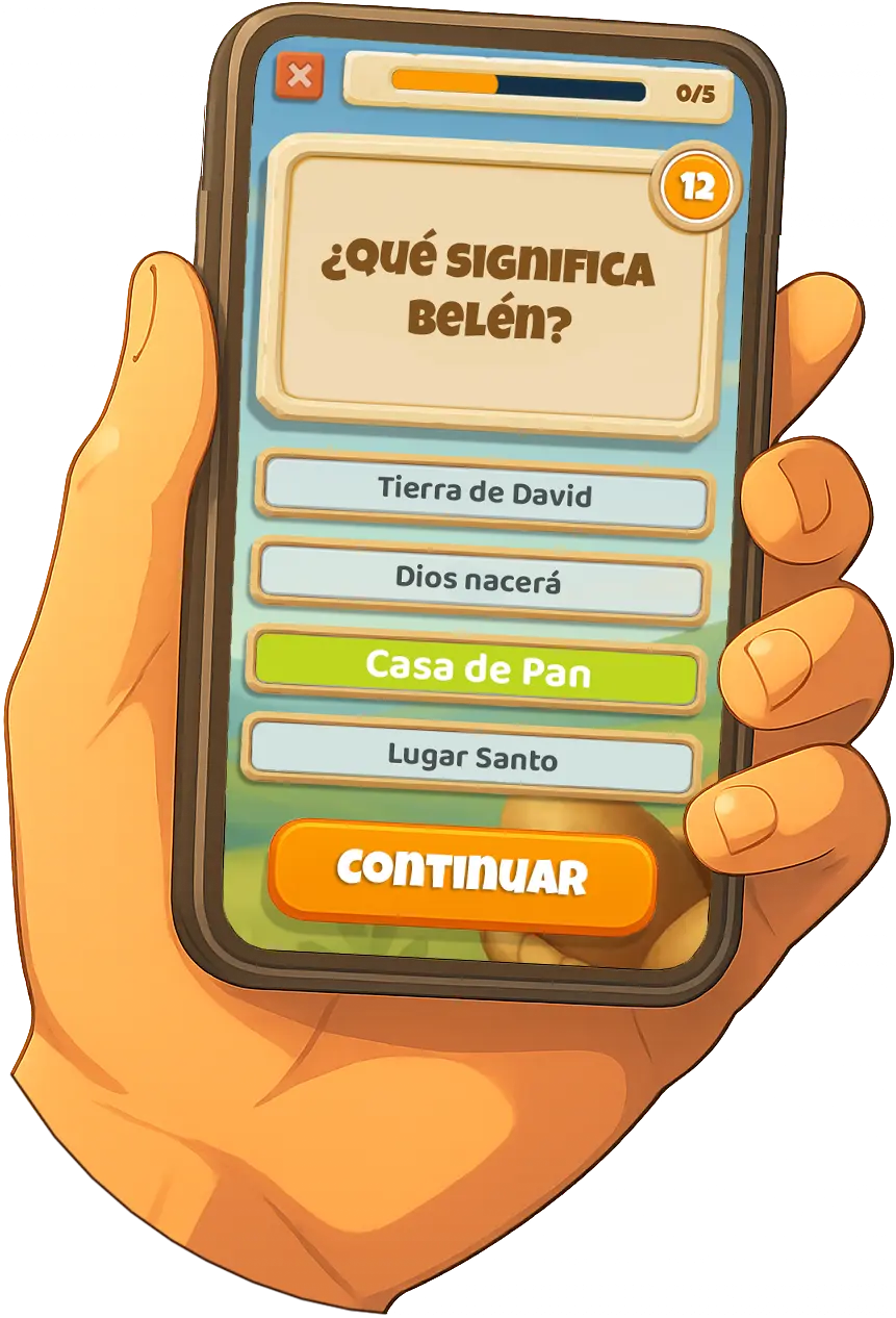 Pantalla de trivia preguntando qué significa Belén, y dando la respuesta, casa de pan